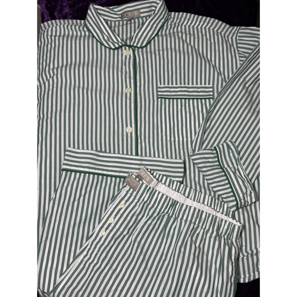 J Crew Poplin Pajamas Set Womens XXL Cotton Green Striped 2XL HTF Pants Top PJs - Picture 14 of 14